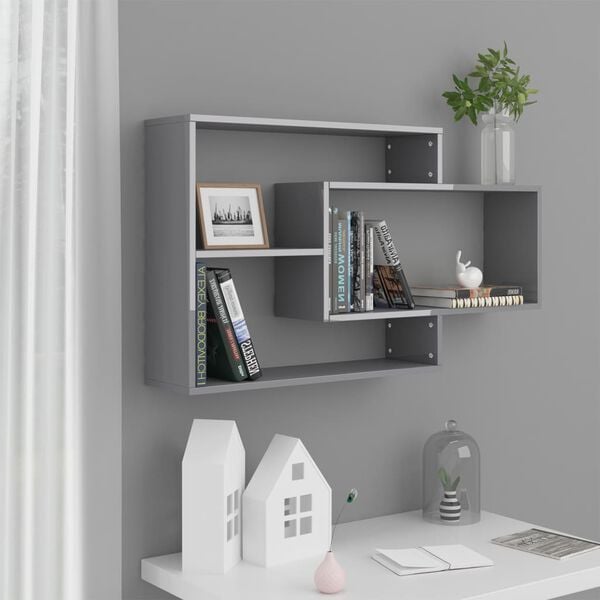 vidaXL Wall Shelf High gloss grey Engineered wood Wall mounting