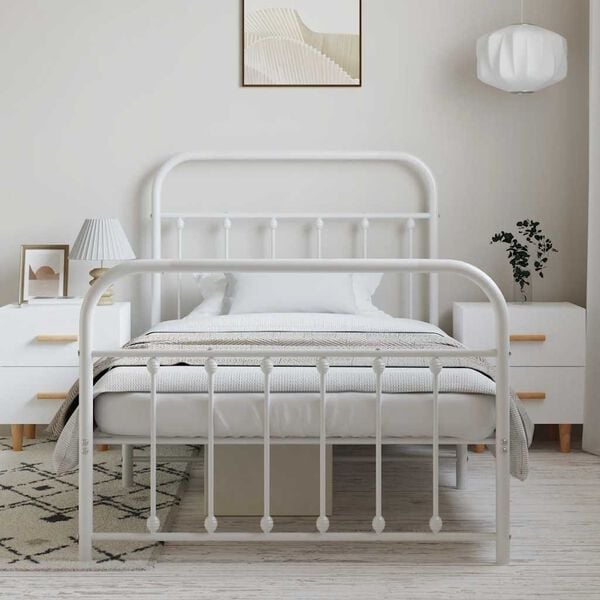 vidaXL Bed Frame White Powder-Coated Steel Twin Bed Frame Rectangular