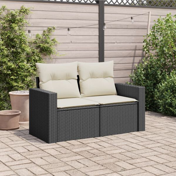vidaXL Garden Sofa Black and Cream PE Rattan 2-Seater Modular