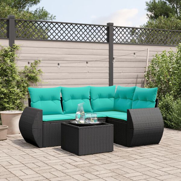 vidaXL 5 Piece Patio Sofa Set with Cushions Black Poly Rattan
