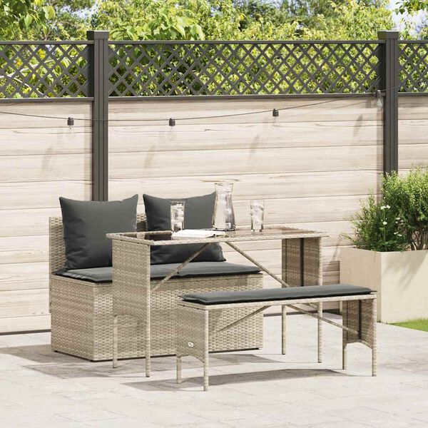 vidaXL 3 Piece Patio Dining Set with Cushions Light Grey Poly Rattan