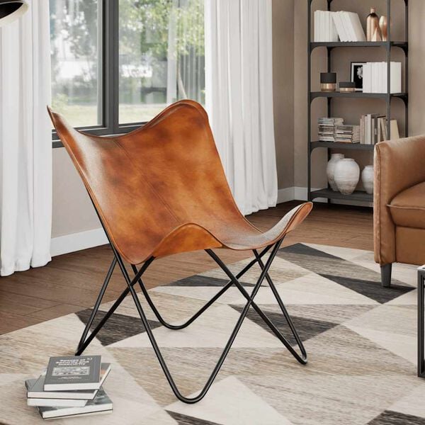 vidaXL Butterfly Chair Brown Real leather, Powder-coated iron Standard