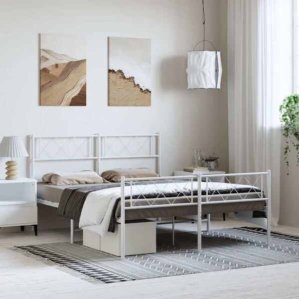 vidaXL Metal Bed Frame White Powder-Coated Steel Full