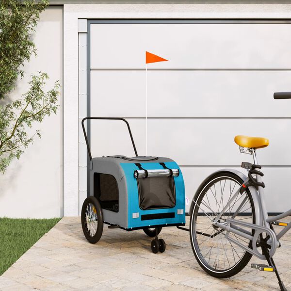 vidaXL Pet Bike Trailer Blue and Grey Oxford fabric, iron, PVC Small