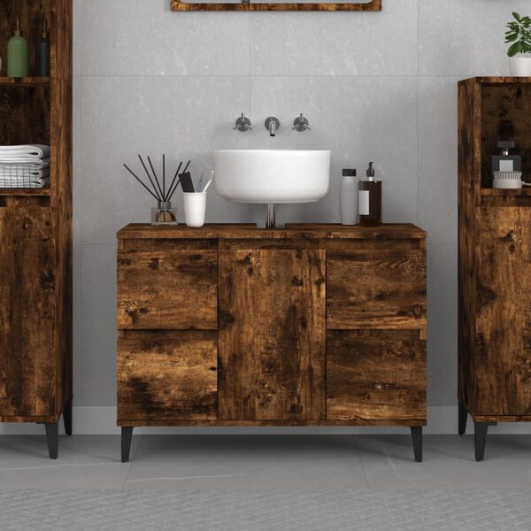 vidaXL Sink Cabinet Smoked Oak Engineered Wood Medium Adjustable Feet