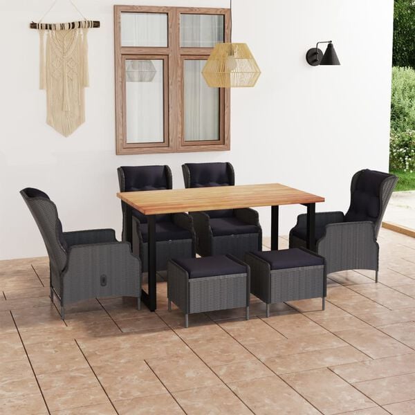 vidaXL 7 Piece Patio Dining Set with Cushions Poly Rattan Dark Gray