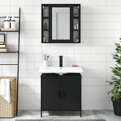 Wall-mounted bathroom vanity with mirror cabinet and sink base shown in a tiled bathroom