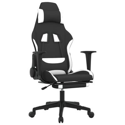 vidaXL Massage Gaming Chair with Footrest Black and White Fabric