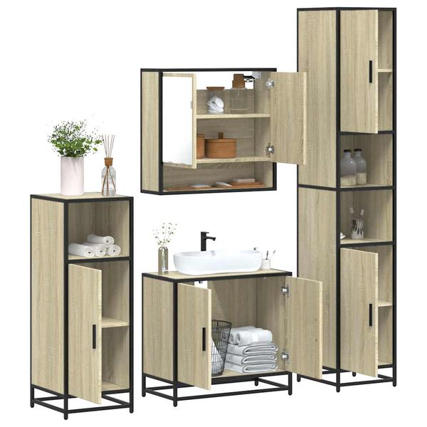 vidaXL Bathroom Furniture Set Sonoma Oak Engineered Wood, Metal Standard