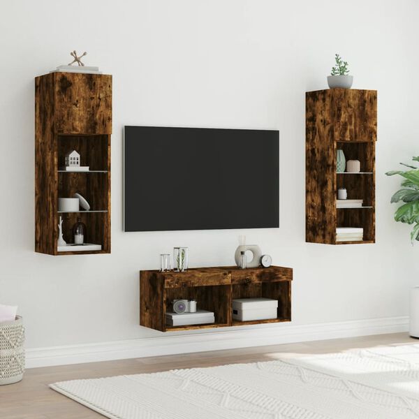 vidaXL 4 Piece TV Wall Stands with LED Lights Smoked Oak