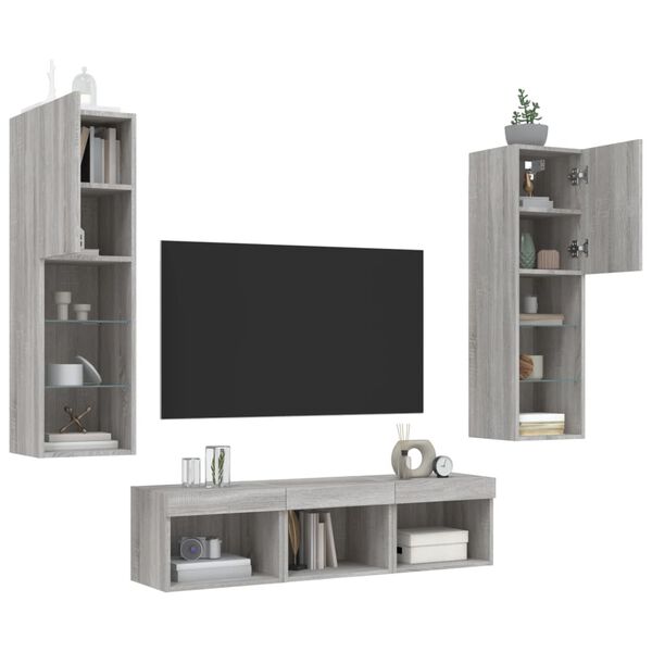 vidaXL TV Wall Unit Set of 5 Grey Sonoma Engineered Wood, Glass