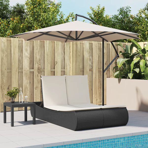vidaXL Double Sun Lounger with Cushions Black Poly Rattan
