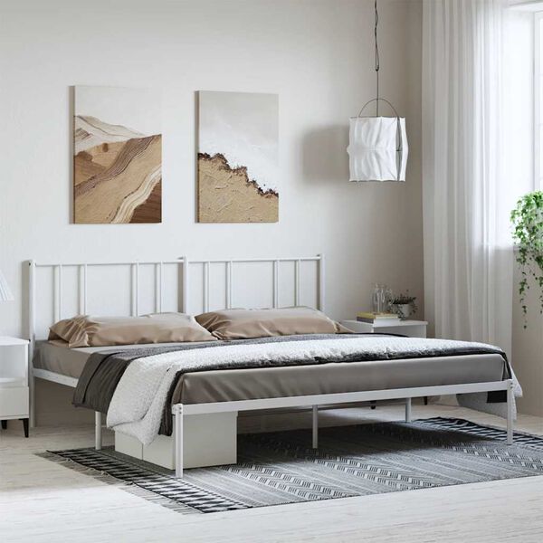 vidaXL Bed Frame White Powder-Coated Steel Double Bed Bed Frame