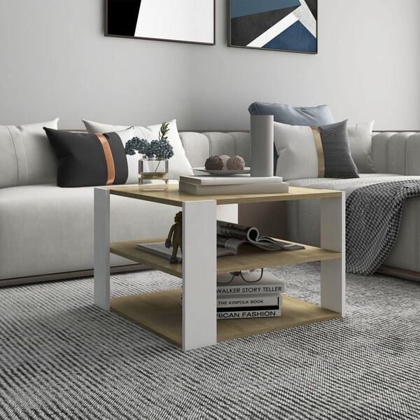 vidaXL Coffee Table Sonoma Oak and White Engineered Wood Square Modern