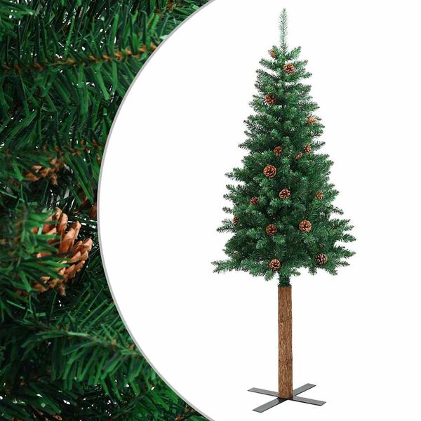 vidaXL Slim Christmas Tree with Real Wood and Cones Green 59.1" PVC