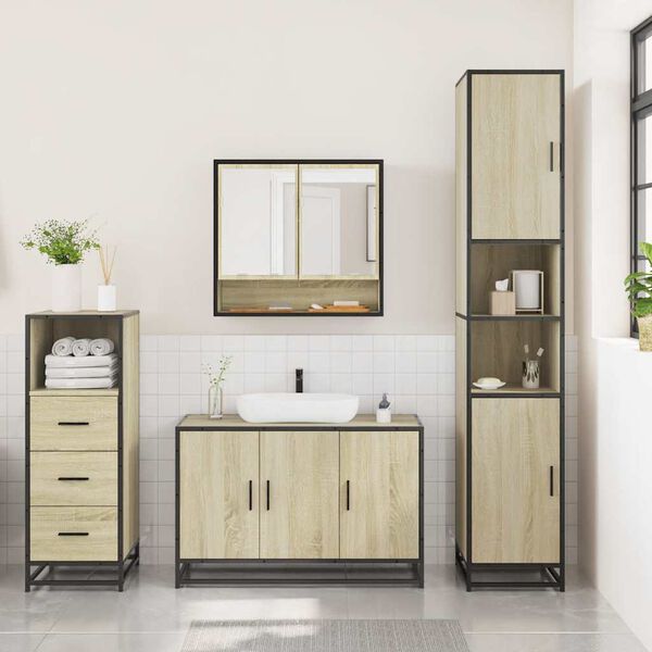 vidaXL Bathroom Furniture Set Sonoma Oak Engineered Wood, Metal, Glass