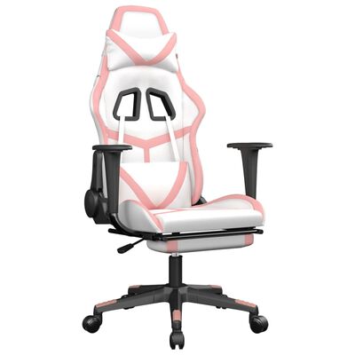 vidaXL Massage Gaming Chair with Footrest White&Pink Faux Leather