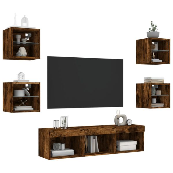 vidaXL TV Wall Unit Set of 7 Smoked oak Engineered wood, glass Medium
