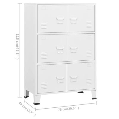 White tall cabinet with three rows of two-door compartments and dimensions overlay