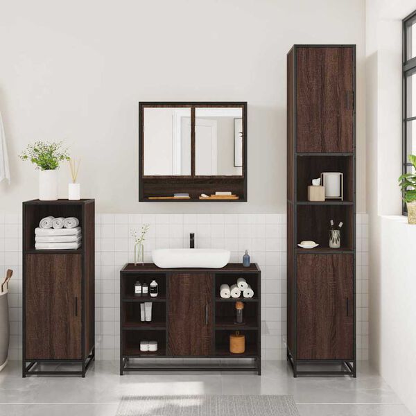 vidaXL Bathroom Furniture Set Brown Oak Engineered Wood, Metal, Glass