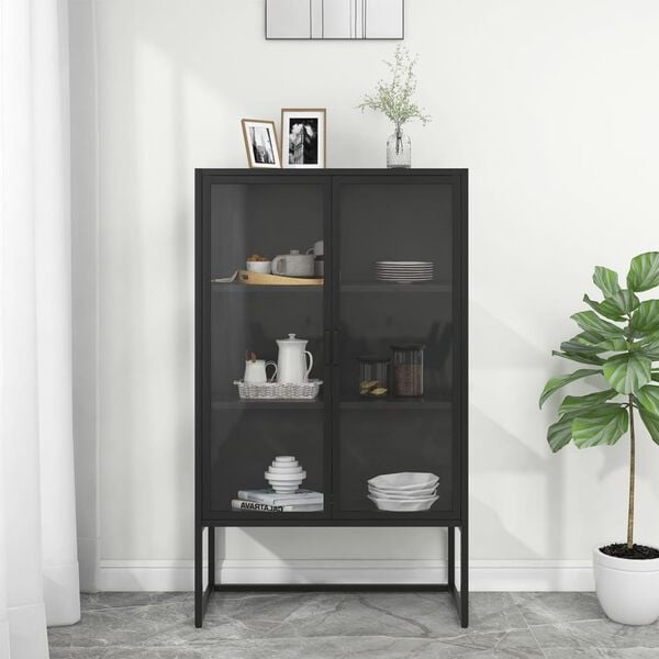 vidaXL Highboard Black Steel, Tempered Glass 31.5x13.8x53.1 in