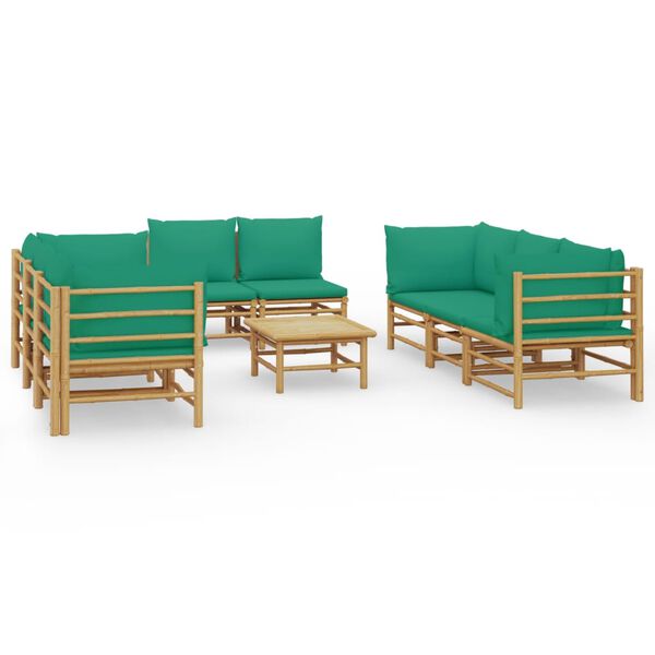 vidaXL Garden Lounge Set Natural bamboo, Green cushions Bamboo, polyester