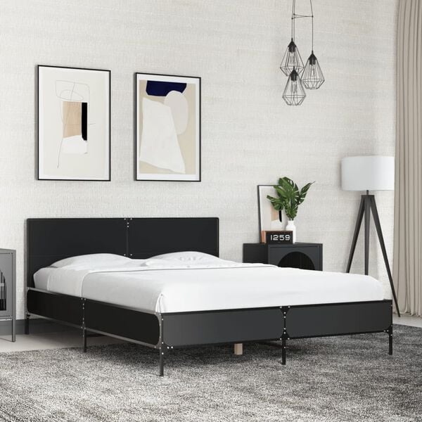 vidaXL Bed Frame Black Engineered wood, metal, plywood slats 55.1x74.8 in