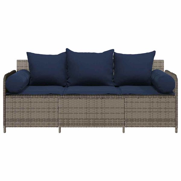 vidaXL Patio Sofa with Cushions 3-Seater Gray Poly Rattan