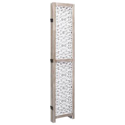 Tall slender privacy screen with narrow frame and white ornamental patterned panels.