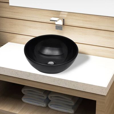 vidaXL Bathroom Basin Ceramic Black Round 12.8"x5.5"