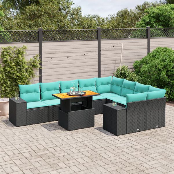 vidaXL 10 Piece Patio Sofa Set with Cushions Black Poly Rattan