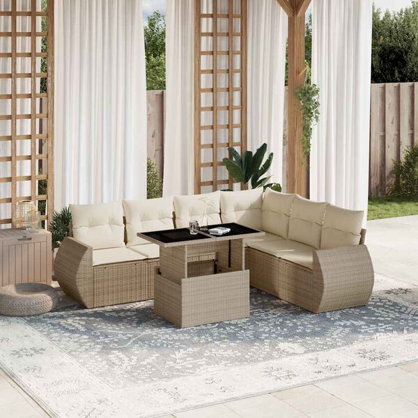 vidaXL Garden Sofa Set Beige PE Rattan 7 Piece Modular Garden Sofa Set