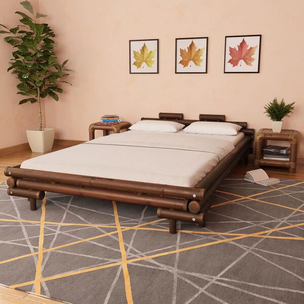 vidaXL Bamboo Bed Dark Brown Bamboo and Natural Rattan 55.1x78.7in Double