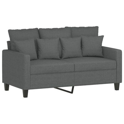 Close-up of a dark gray two-seat sofa showing cushions and fabric upholstery.