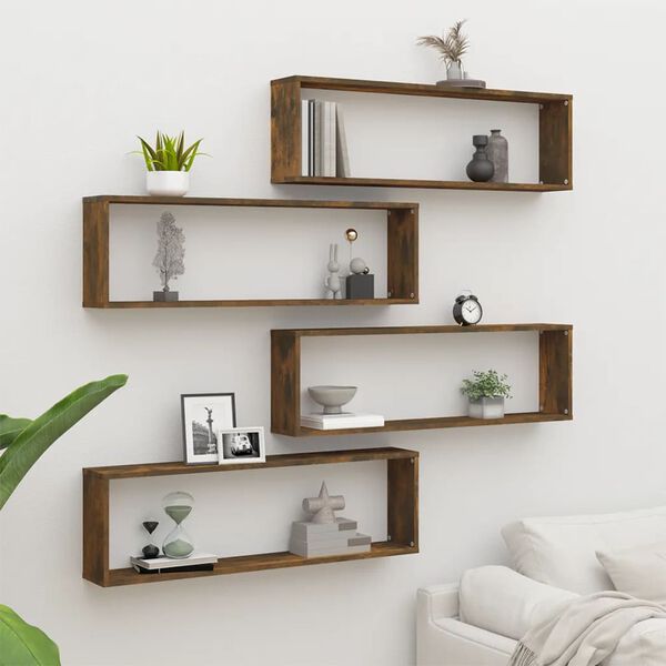 vidaXL Wall Cube Shelf Set of 4 Smoked Oak Engineered Wood Standard