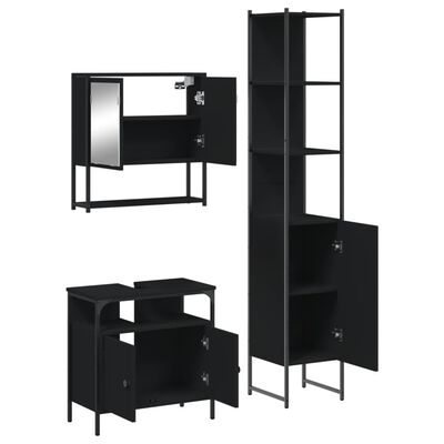Wall-mounted mirror cabinet, tall cabinet, and lower vanity and cabinet pieces from a black bathroom storage set.