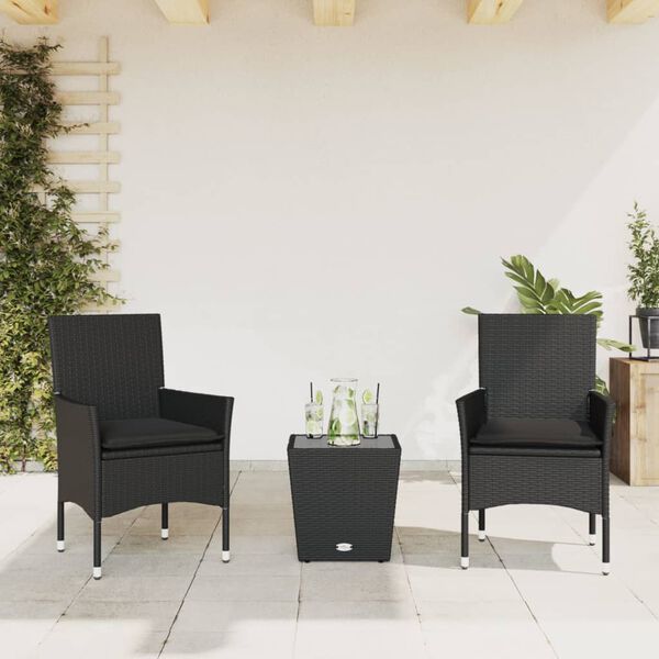vidaXL 3 Piece Bistro Set with Cushions Black Poly Rattan and Glass