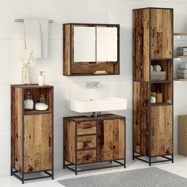 vidaXL Bathroom Furniture Set with Door 3 pcs Old Wood Engineered Wood