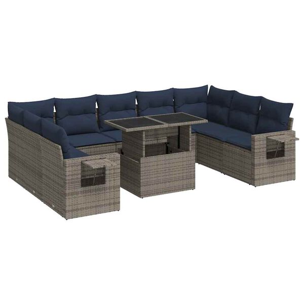 vidaXL 10 Piece Patio Sofa Set with Cushions Gray Poly Rattan Acacia