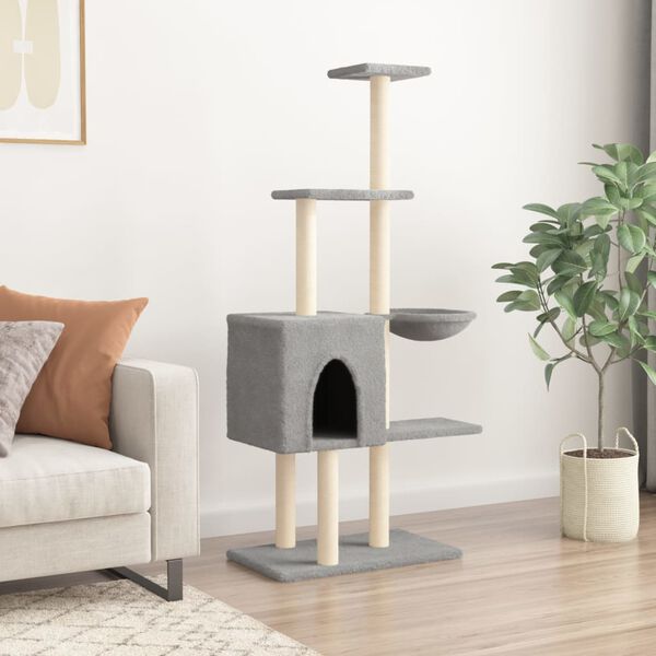 vidaXL Cat Tree Light grey Engineered wood, plush, sisal 57.1 in tall