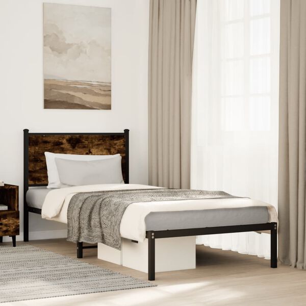 vidaXL Bed Frame Smoked Oak Steel 35.4 x 74.8 in Bed Frame Rectangular