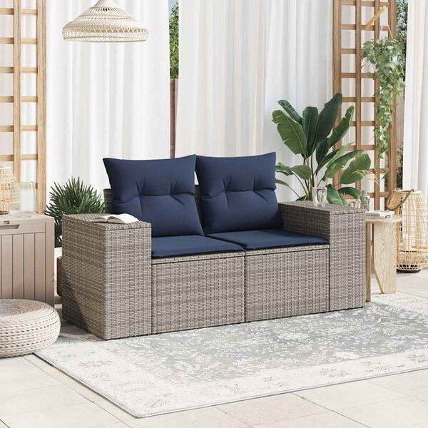 vidaXL Patio Sofa with Cushions 2-Seater Gray Poly Rattan