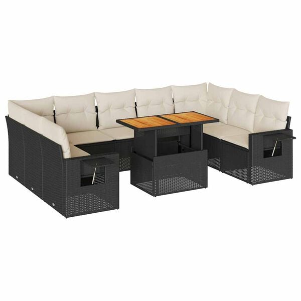 vidaXL Garden Sofa Set Black and Cream White PE rattan Large Modular