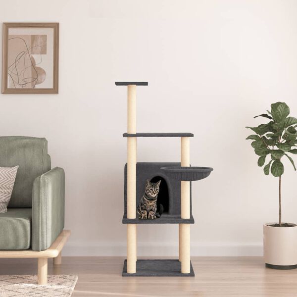 vidaXL Cat Tree Dark Grey Engineered wood, Plush, Sisal Tall Cat Trees