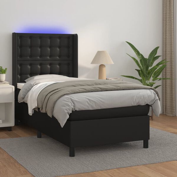 vidaXL Box Spring Bed with Mattress&LED Black 39.4"x74.8" Twin Faux Leather