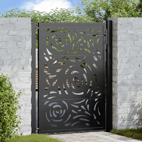 vidaXL Garden Gate Black 39.4x49.2" Steel Flame  Design