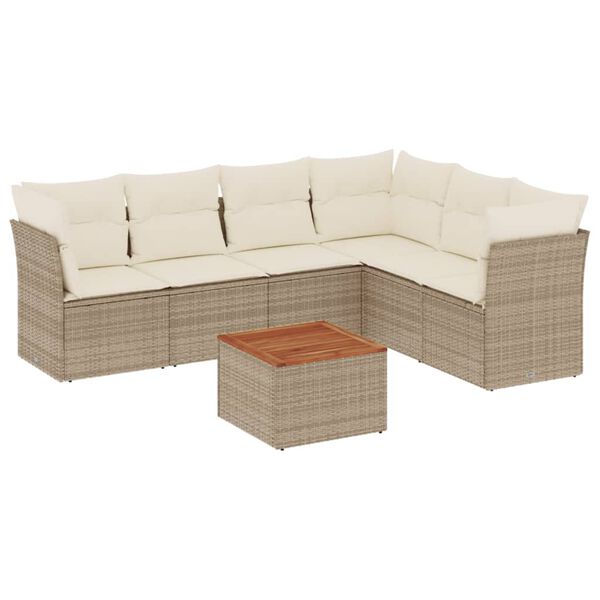 vidaXL Beige and cream 3x middle + 3x corner + table 1 PE Rattan, powder-coated steel, solid acacia wood