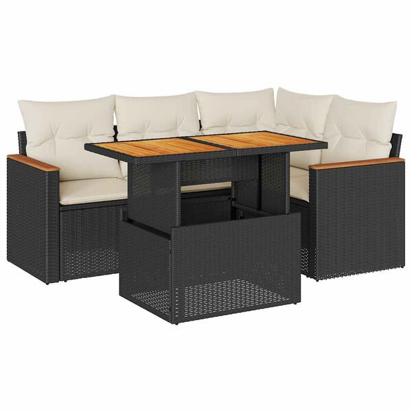 vidaXL 5 Piece Patio Sofa Set with Cushions Black Poly Rattan Acacia