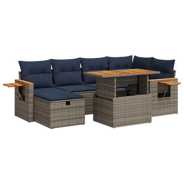 vidaXL 7 Piece Patio Sofa Set with Cushions Grey Poly Rattan Acacia