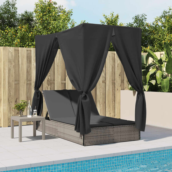 vidaXL Double Sun Lounger with Roof and Curtains Grey Poly Rattan